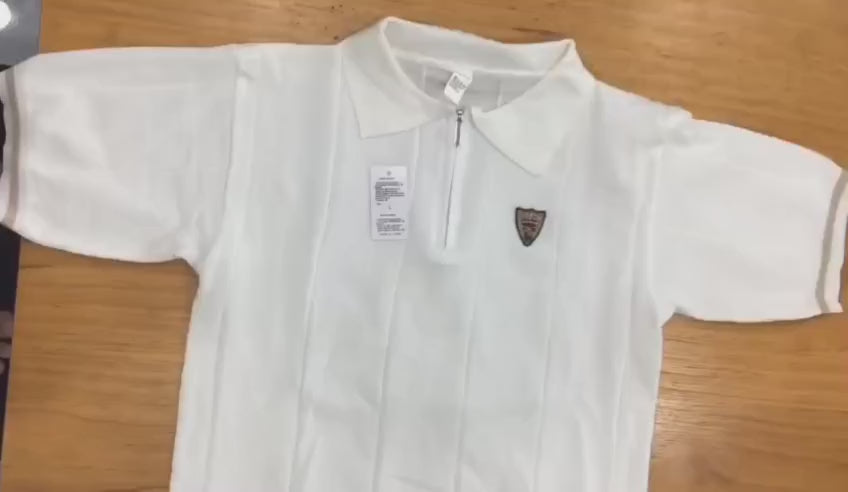 Polo uomo Bolgi in maglia effetto seta color ghiaccio, con zip frontale e logo ricamato, indossata in look estivo elegante e moderno.